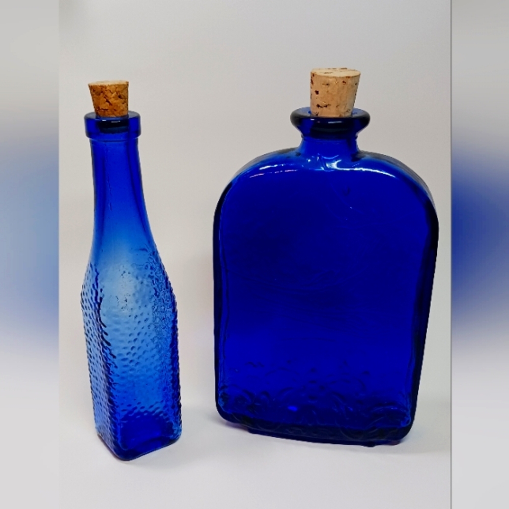 Set of 2 - Cobalt Blue Glass Bottles - Floral Embossed Les Floralies